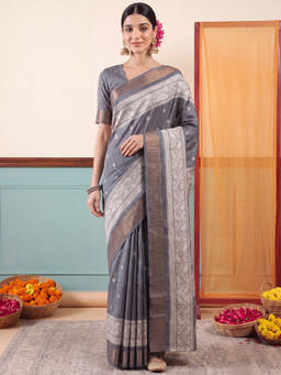 Akhilam - Women Charcoal Handloom Silk Blend Saree with Unstitched Blouse