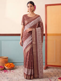 Akhilam - Women Brown Handloom Silk Blend Saree with Unstitched Blouse