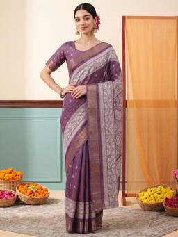 Akhilam - Women Purple Handloom Silk Blend Saree with Unstitched Blouse