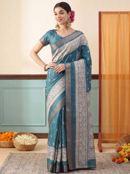 Akhilam - Women Teal Handloom Silk Blend Saree with Unstitched Blouse