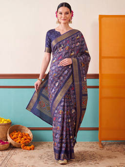Akhilam - Women Navy Blue Handloom Silk Blend Saree with Unstitched Blouse