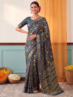 Akhilam - Women Teal Handloom Silk Blend Saree with Unstitched Blouse