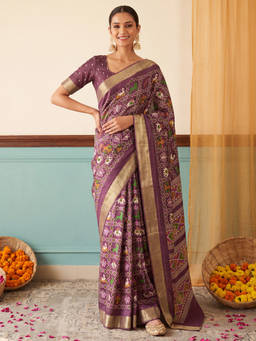 Akhilam - Women Mauve Handloom Silk Blend Saree with Unstitched Blouse