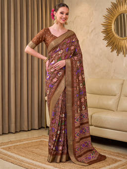 Akhilam - Women Brown Handloom Silk Blend Saree with Unstitched Blouse