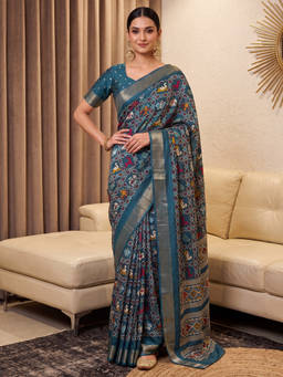 Akhilam - Women Teal Handloom Silk Blend Saree with Unstitched Blouse