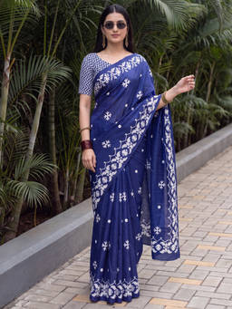 Akhilam - Women Blue Printed Silk Saree with Unstitched Blouse