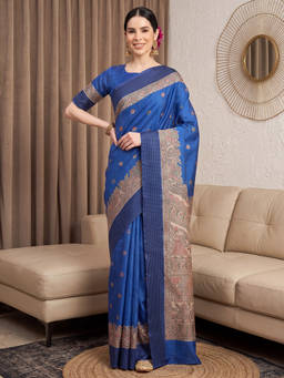 Akhilam - Women Blue Handloom Silk Saree with Unstitched Blouse
