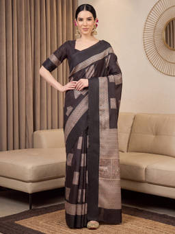 Akhilam - Women Black Handloom Silk Saree with Unstitched Blouse