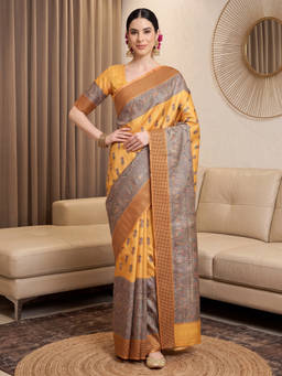 Akhilam - Women Mustard Handloom Silk Saree with Unstitched Blouse
