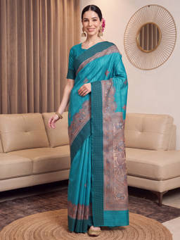 Akhilam - Women Teal Handloom Silk Saree with Unstitched Blouse