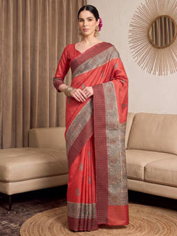 Akhilam - Women Red Handloom Silk Saree with Unstitched Blouse
