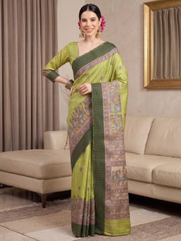 Akhilam - Women Aqua Handloom Silk Saree with Unstitched Blouse