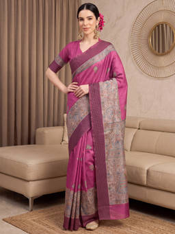 Akhilam - Women Magenta Handloom Silk Saree with Unstitched Blouse