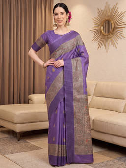 Akhilam - Women Purple Handloom Silk Saree with Unstitched Blouse