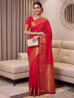Akhilam - Women Red Handloom Satin Saree with Unstitched Blouse