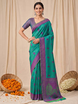 Akhilam - Women Teal Handloom Kanjeevaram Saree with Unstitched Blouse