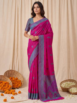 Akhilam - Women Pink Handloom Kanjeevaram Saree with Unstitched Blouse