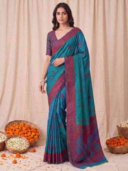 Akhilam - Women Teal Handloom Kanjeevaram Saree with Unstitched Blouse