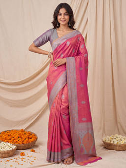 Akhilam - Women Pink Handloom Kanjeevaram Saree with Unstitched Blouse