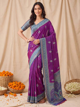 Akhilam - Women Purple Handloom Kanjeevaram Saree with Unstitched Blouse