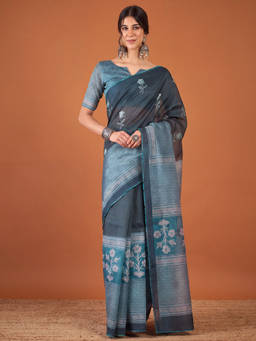 Akhilam - Women Teal Printed Silk Blend Saree with Unstitched Blouse
