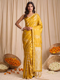 Akhilam - Women Yellow Handloom Satin Saree with Unstitched Blouse