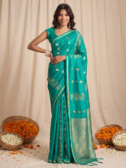 Akhilam - Women Teal Handloom Satin Saree with Unstitched Blouse