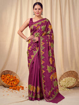 Akhilam - Women Maroon Printed Silk Blend Saree with Unstitched Blouse