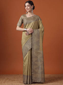 Akhilam - Women Olive Handloom Silk Blend Saree with Unstitched Blouse