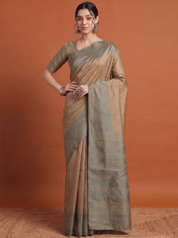 Akhilam - Women Brown Handloom Silk Blend Saree with Unstitched Blouse