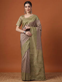 Akhilam - Women Brown Handloom Silk Blend Saree with Unstitched Blouse