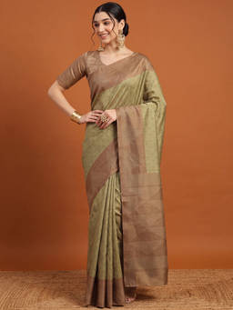 Akhilam - Women Olive Handloom Silk Blend Saree with Unstitched Blouse