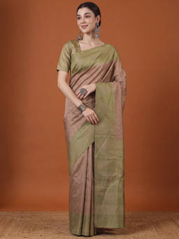 Akhilam - Women Brown Handloom Silk Blend Saree with Unstitched Blouse