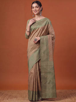 Akhilam - Women Brown Handloom Silk Blend Saree with Unstitched Blouse