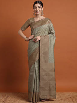 Akhilam - Women Olive Handloom Silk Blend Saree with Unstitched Blouse