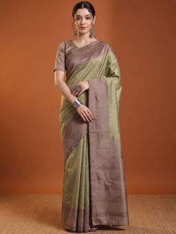 Akhilam - Women Olive Handloom Silk Blend Saree with Unstitched Blouse