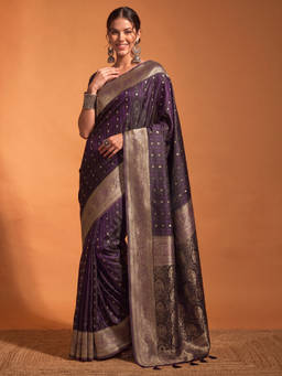 Akhilam - Women Wine Handloom Satin Saree with Unstitched Blouse