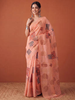 Akhilam - Women Peach Handloom Tissue Saree with Unstitched Blouse