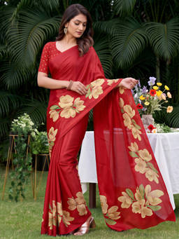 Akhilam - Women Red Printed Crepe Saree with Unstitched Blouse