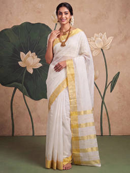 Akhilam - Women White Handloom Cotton Silk Saree with Unstitched Blouse