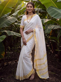 Akhilam - Women White Handloom Cotton Silk Saree with Unstitched Blouse