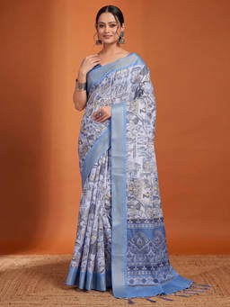 Akhilam - Women Blue Printed Silk Saree with Unstitched Blouse