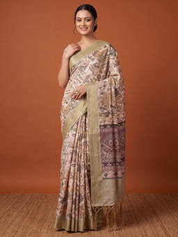 Akhilam - Women Beige Printed Silk Saree with Unstitched Blouse