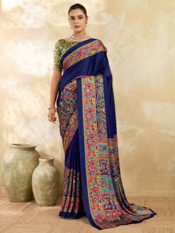 Akhilam - Women Navy Blue Embellished Satin Saree with Unstitched Blouse