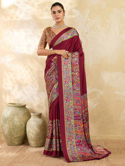 Akhilam - Women Maroon Embellished Satin Saree with Unstitched Blouse