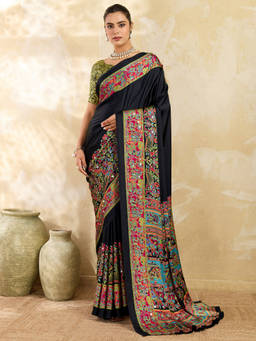 Akhilam - Women Black Embellished Satin Saree with Unstitched Blouse