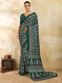 Akhilam - Women Green Embellished Satin Saree with Unstitched Blouse