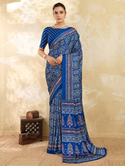 Akhilam - Women Blue Embellished Satin Saree with Unstitched Blouse