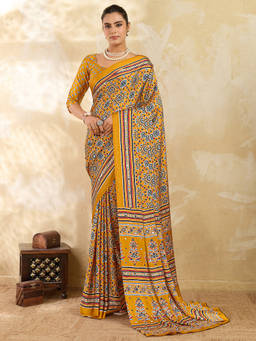Akhilam - Women Mustard Embellished Satin Saree with Unstitched Blouse