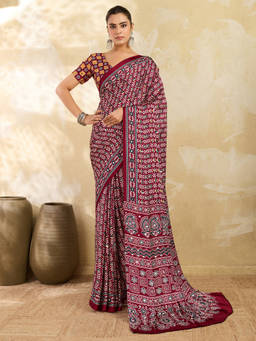 Akhilam - Women Maroon Printed Satin Saree with Unstitched Blouse